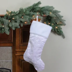 20.5" Iridescent Glitter Snowflake Print Christmas Stocking with Faux Fur Cuff