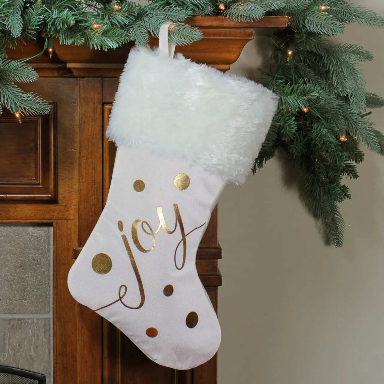 19" Ivory White and Gold "Joy" Christmas Stocking with White Faux Fur Cuff