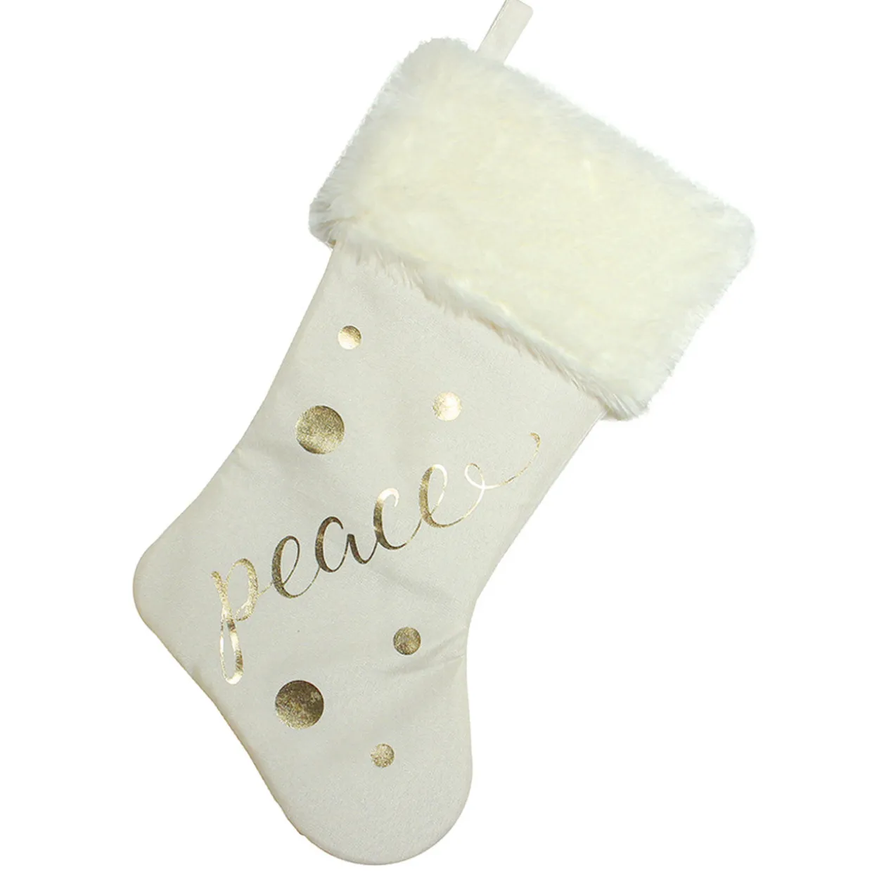 19" Ivory White Gold Foil "Peace" Christmas Stocking with White Faux Fur Cuff
