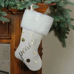 19" Ivory White Gold Foil "Peace" Christmas Stocking with White Faux Fur Cuff