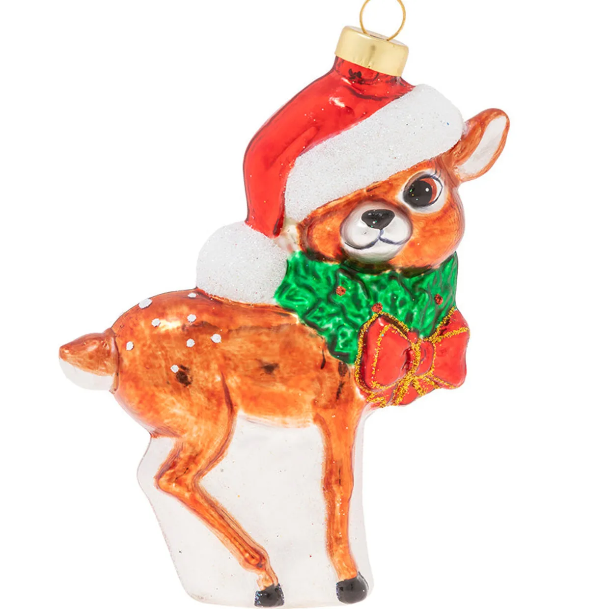5" Jolly Reindeer Calf in Santa Hat Glass Christmas Ornament