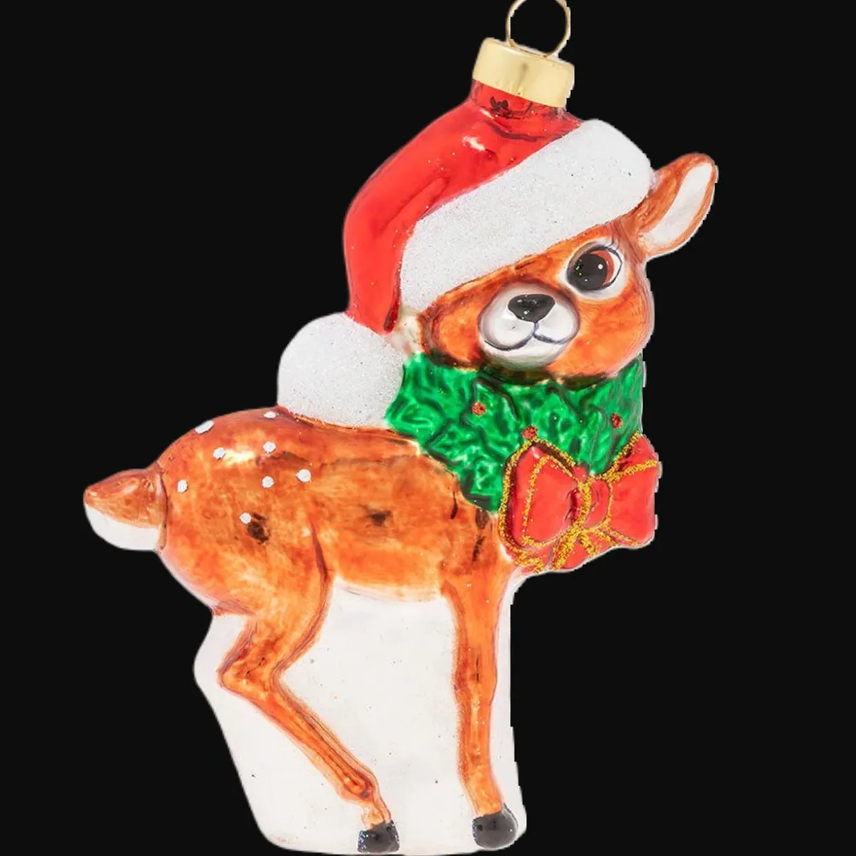 5" Jolly Reindeer Calf in Santa Hat Glass Christmas Ornament