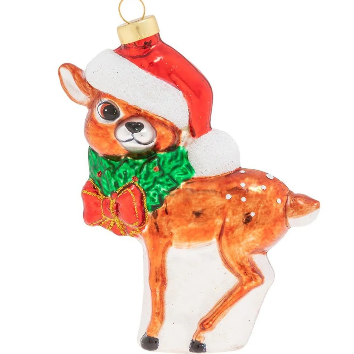 5" Jolly Reindeer Calf in Santa Hat Glass Christmas Ornament