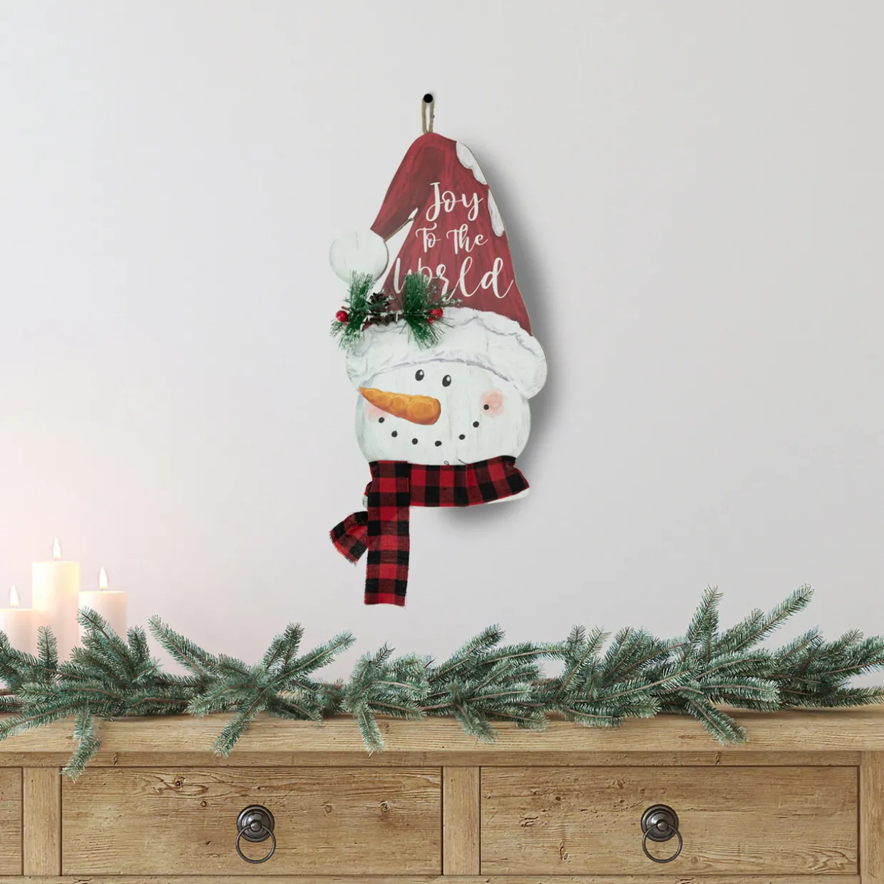 16.5" Joy to the World Snowman in Santa Hat Christmas Wall Decoration