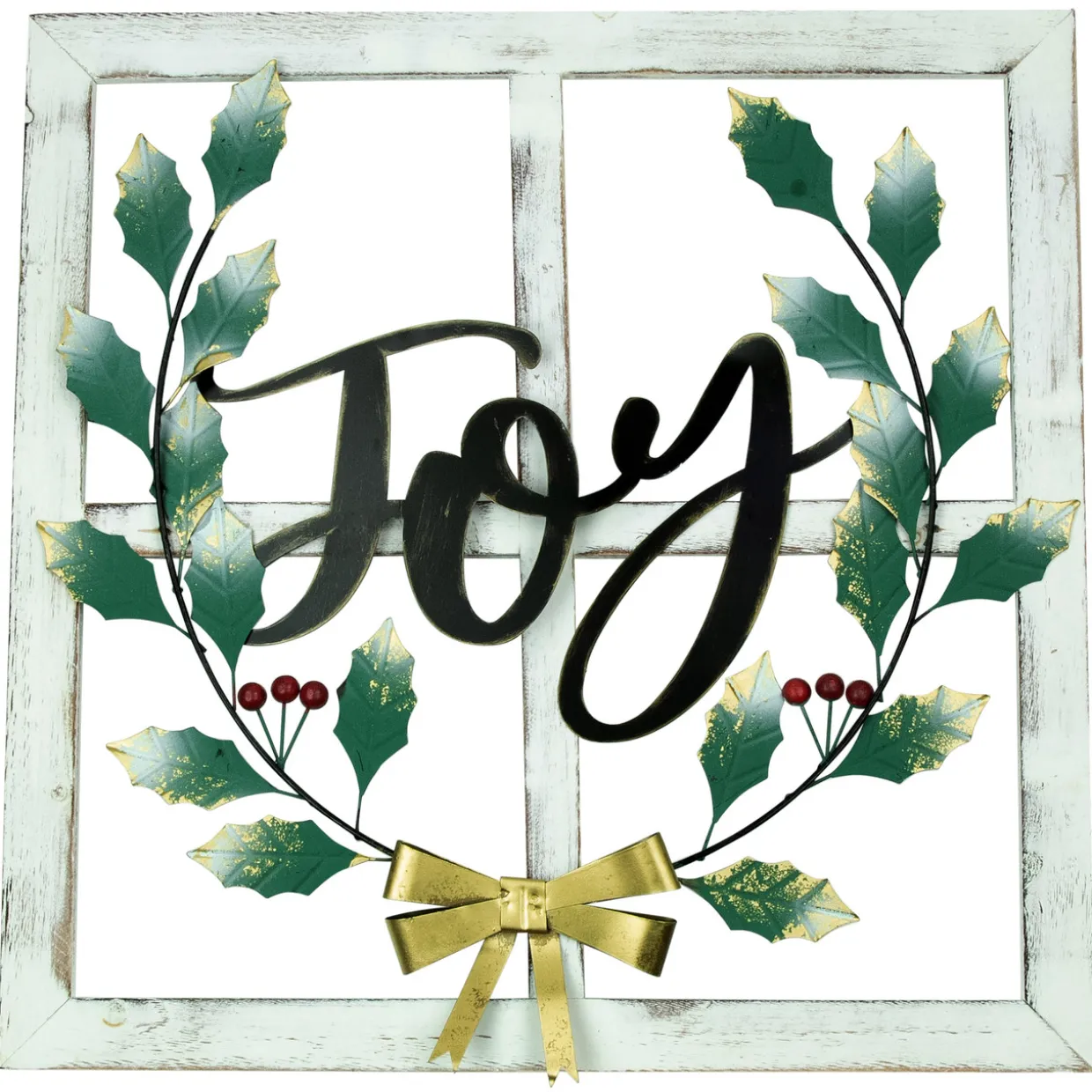 23.75" Joy Window Frame with Holly Christmas Wall Sign