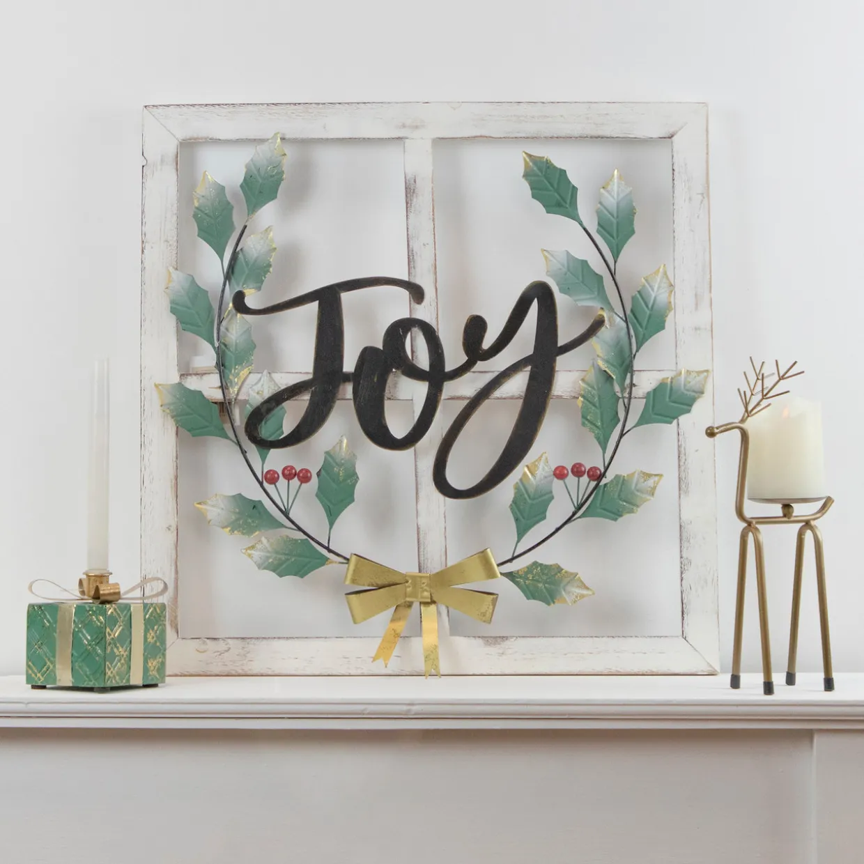 23.75" Joy Window Frame with Holly Christmas Wall Sign