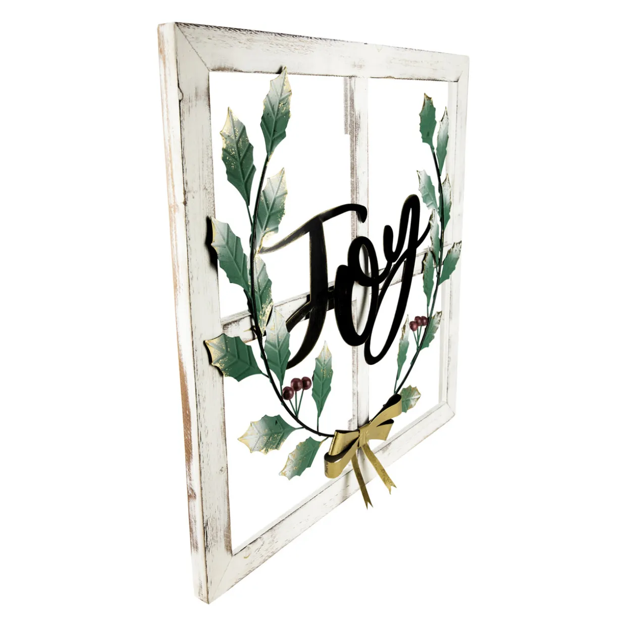 23.75" Joy Window Frame with Holly Christmas Wall Sign