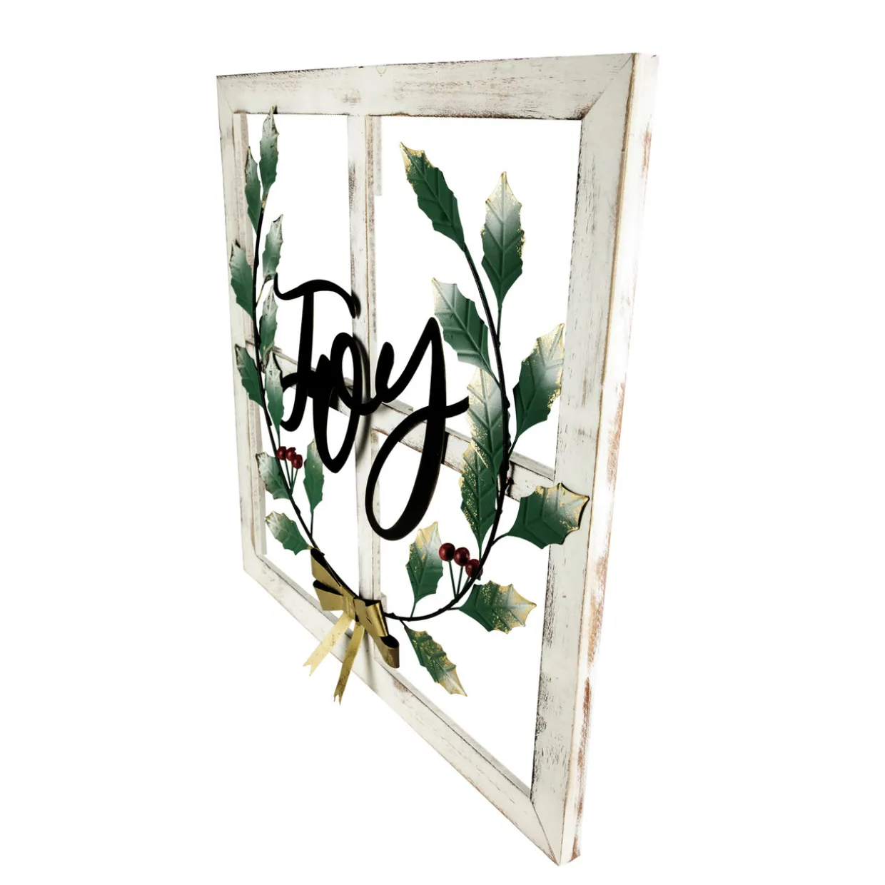 23.75" Joy Window Frame with Holly Christmas Wall Sign