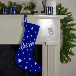 18" LED Blue Stocking "Believe" with White Snowflakes