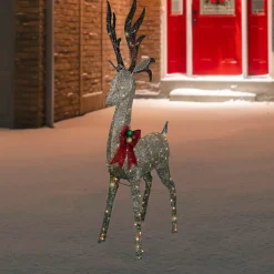 74" LED Lighted Champagne Deer with Red Bow Outdoor Christmas Decoration