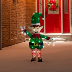 34.25" LED Lighted Elf Holding Christmas Lights Outdoor Yard Decoration