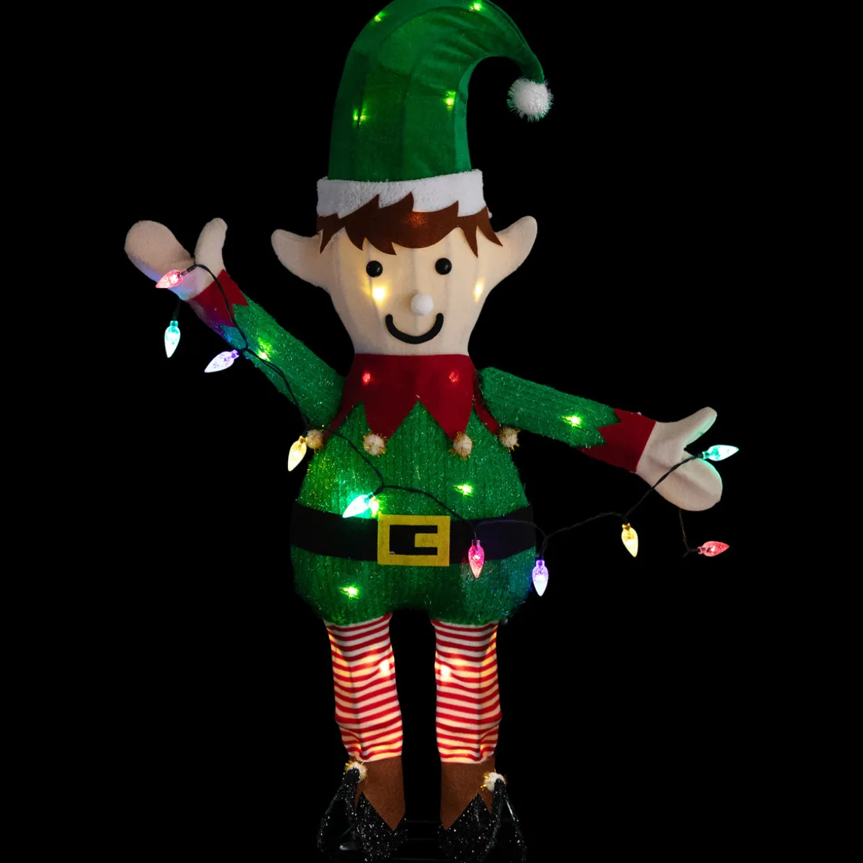 34.25" LED Lighted Elf Holding Christmas Lights Outdoor Yard Decoration