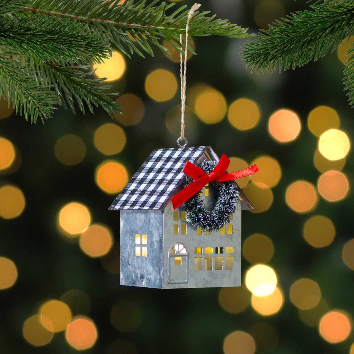 3.5" LED Lighted Galvanized House with Wreath Christmas Ornament