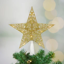 10" LED Lighted Gold Glittered Star Christmas Tree Topper, Warm White Lights