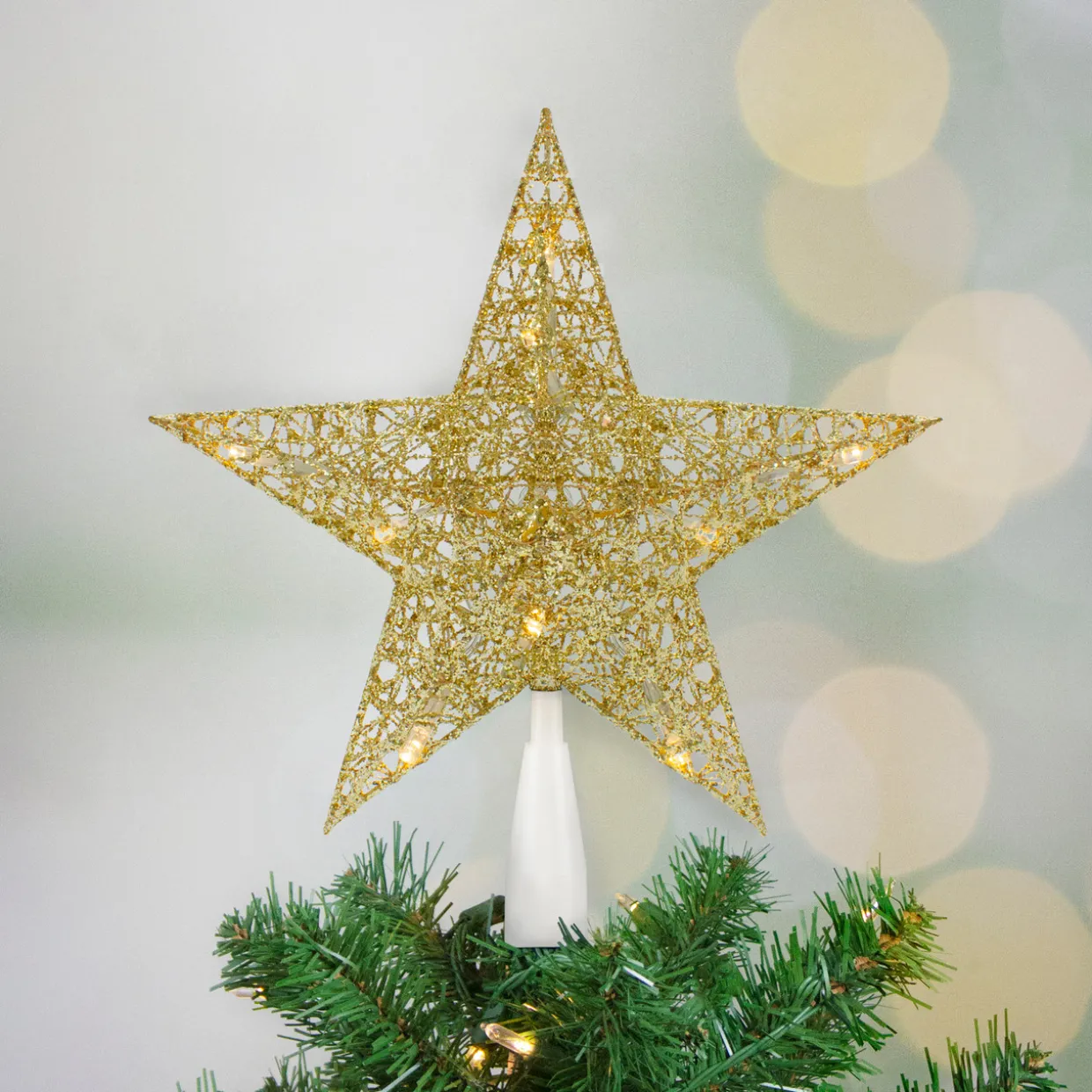 10" LED Lighted Gold Glittered Star Christmas Tree Topper, Warm White Lights