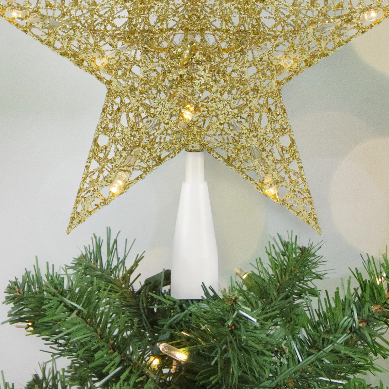 10" LED Lighted Gold Glittered Star Christmas Tree Topper, Warm White Lights
