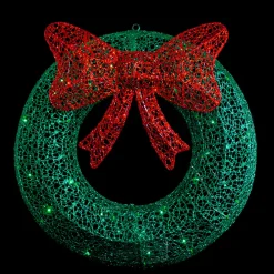24" LED Lighted Green Glitter Wreath with Red Bow Outdoor Christmas Decoration