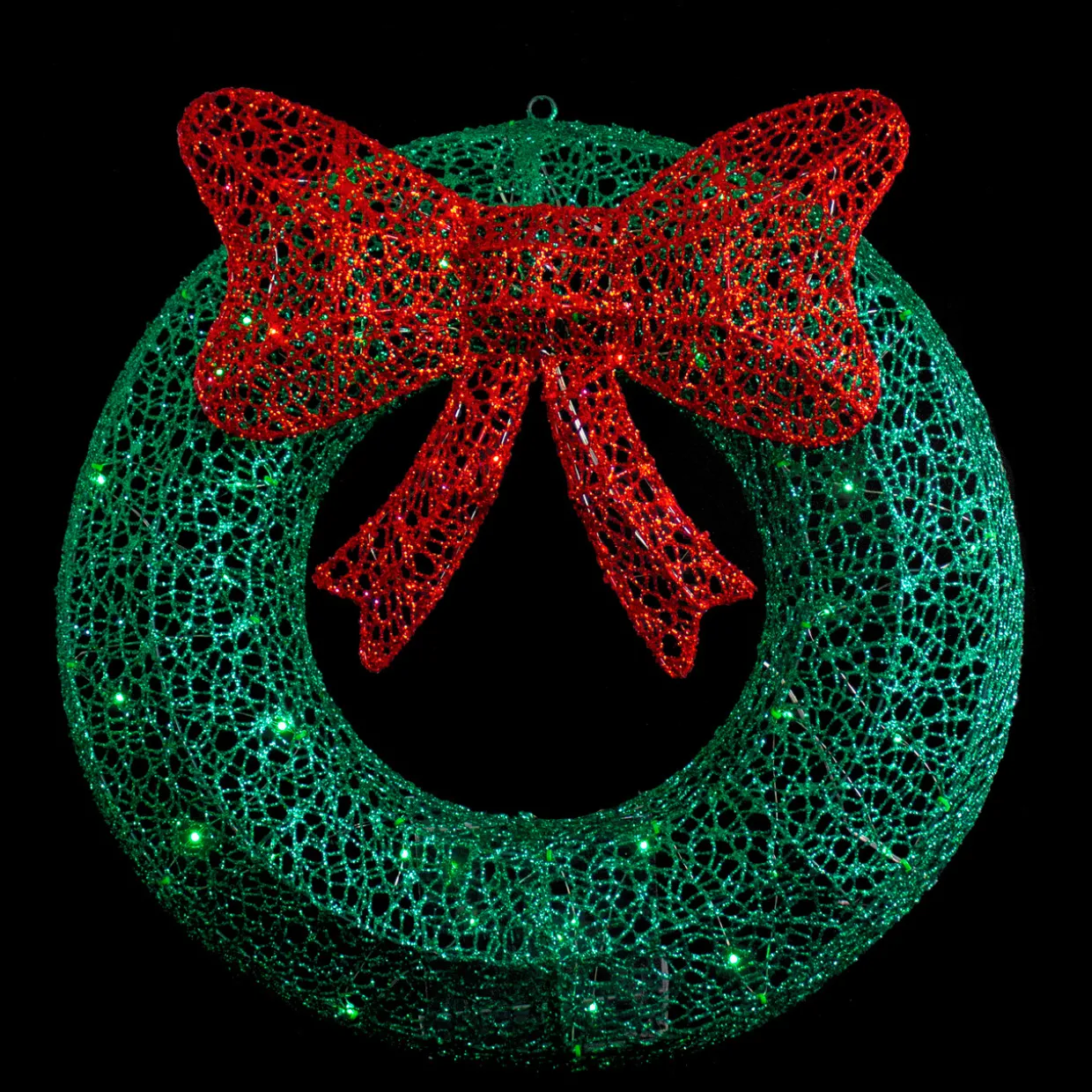 24" LED Lighted Green Glitter Wreath with Red Bow Outdoor Christmas Decoration