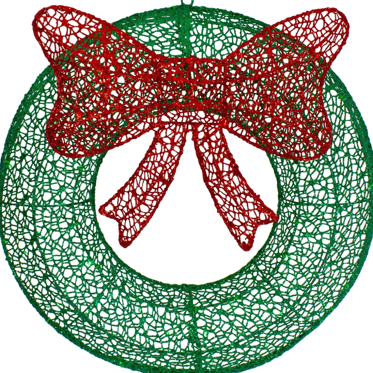 24" LED Lighted Green Glitter Wreath with Red Bow Outdoor Christmas Decoration