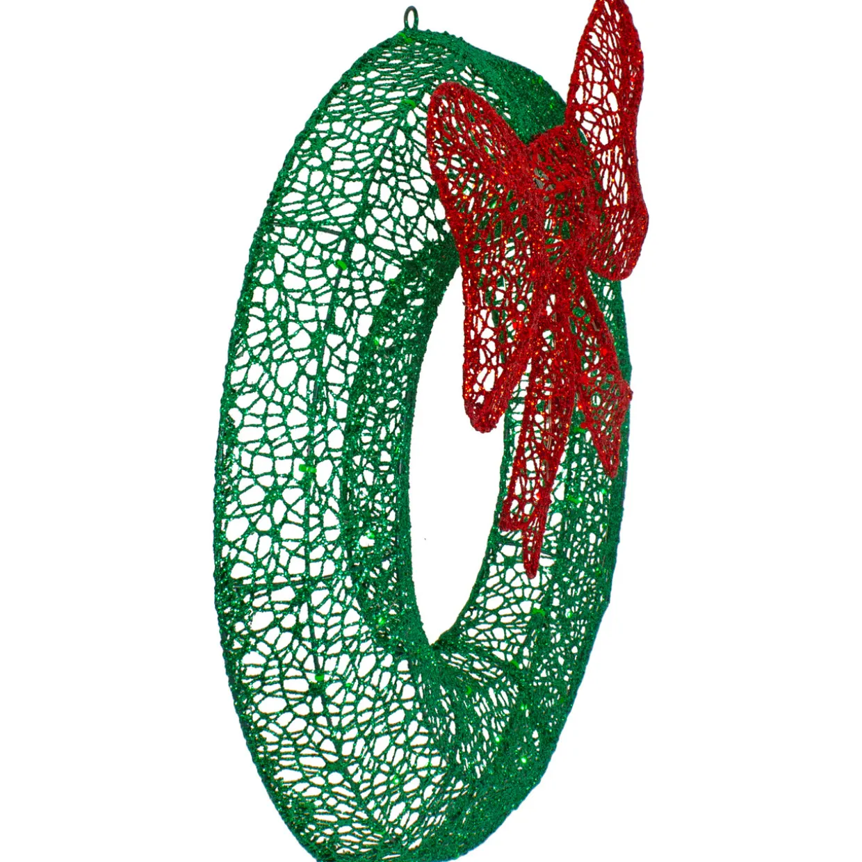 24" LED Lighted Green Glitter Wreath with Red Bow Outdoor Christmas Decoration