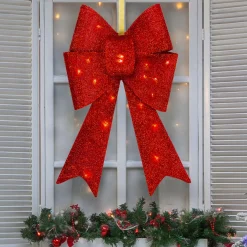 26" LED Lighted Red Tinsel Bow Christmas Decoration
