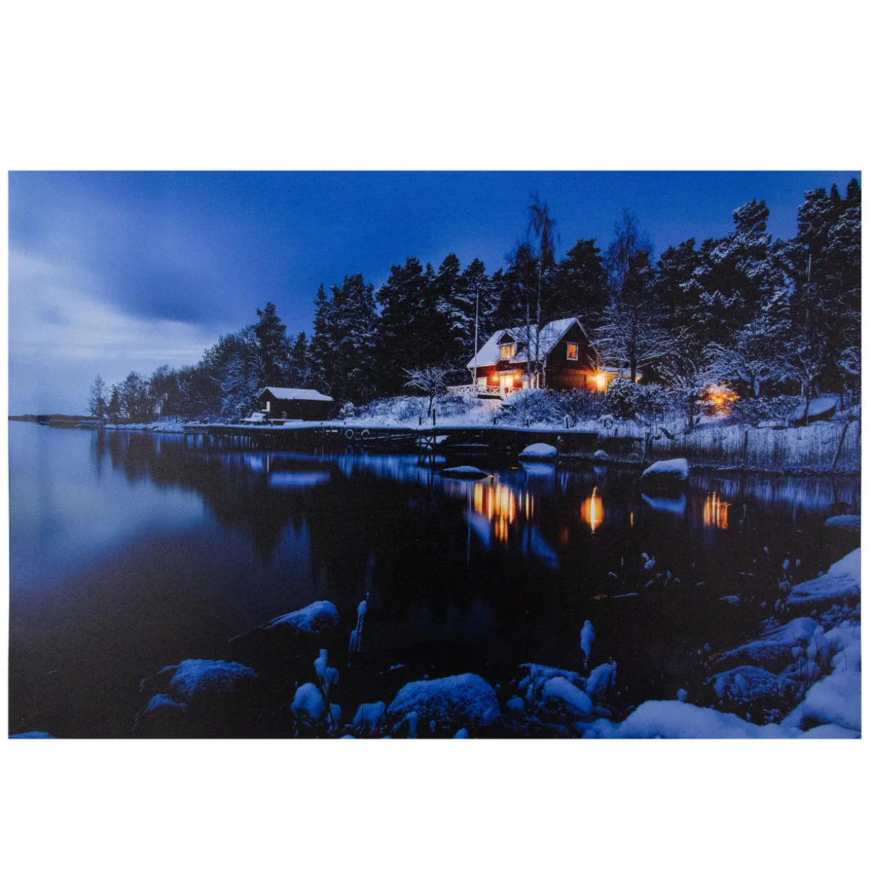 23.75" LED Lighted Rustic Lodge Cabin on the Lake Canvas Wall Art