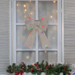 16" LED Lighted Silver Burlap Bow Christmas Decoration with Color Changing Lights