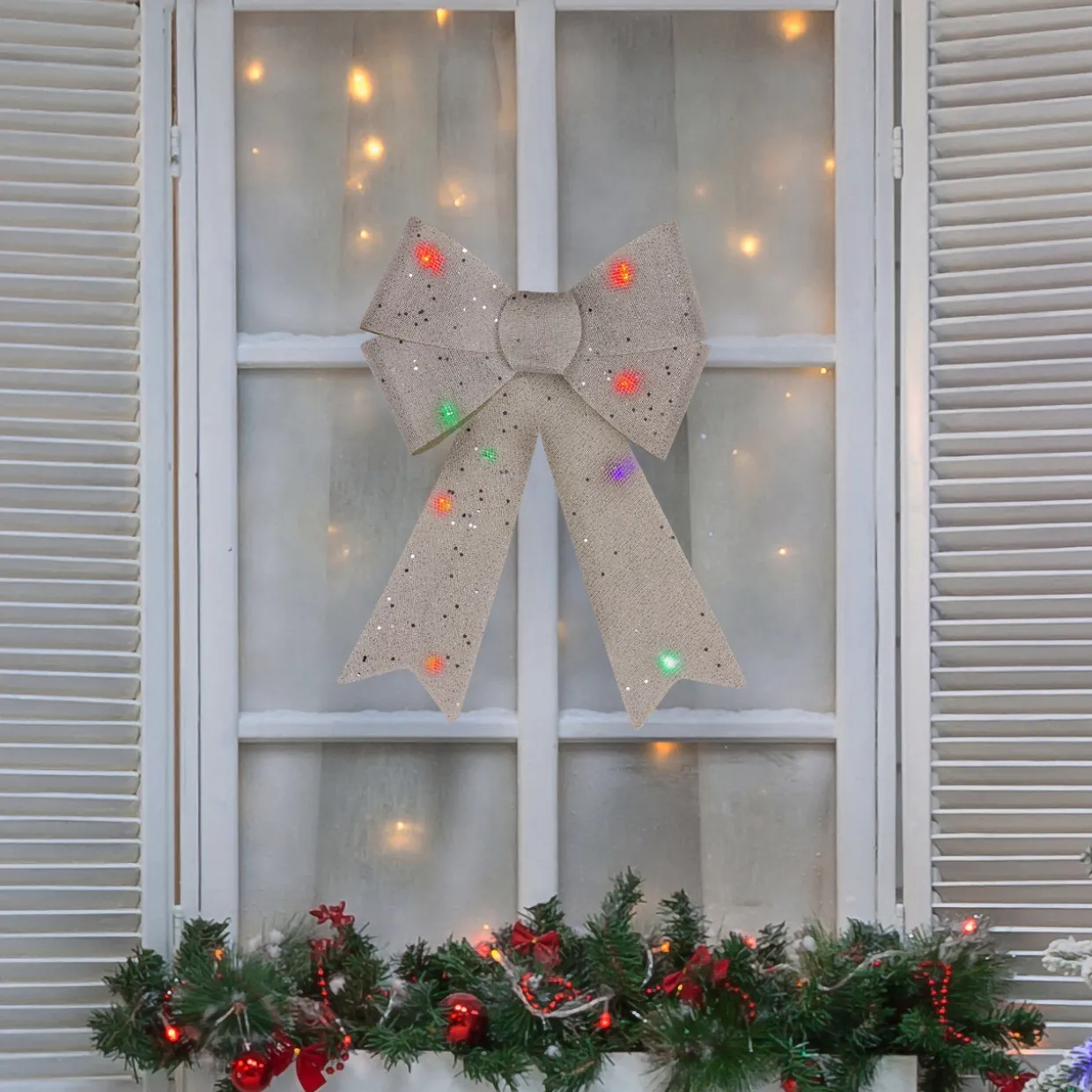 16" LED Lighted Silver Burlap Bow Christmas Decoration with Color Changing Lights