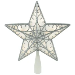 9" LED Lighted Silver Glitter Star Christmas Tree Topper, Warm White Lights