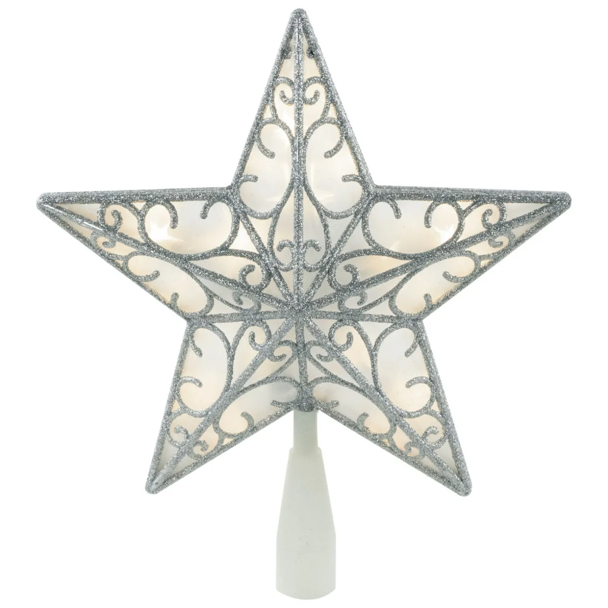 9" LED Lighted Silver Glitter Star Christmas Tree Topper, Warm White Lights
