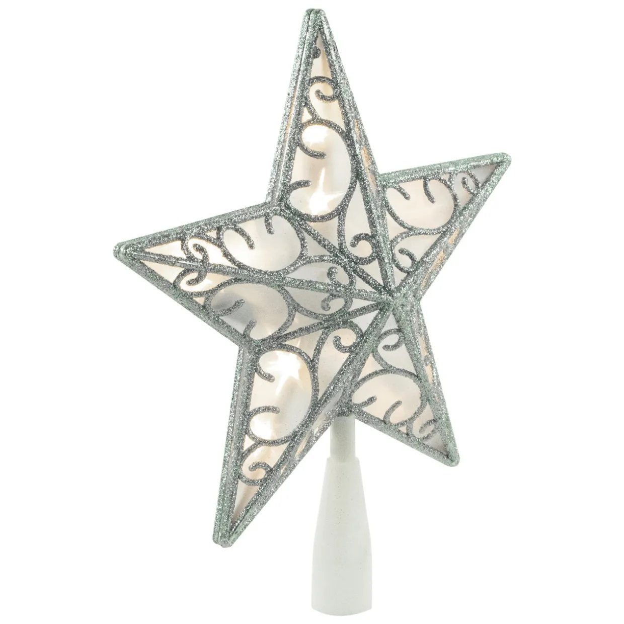 9" LED Lighted Silver Glitter Star Christmas Tree Topper, Warm White Lights