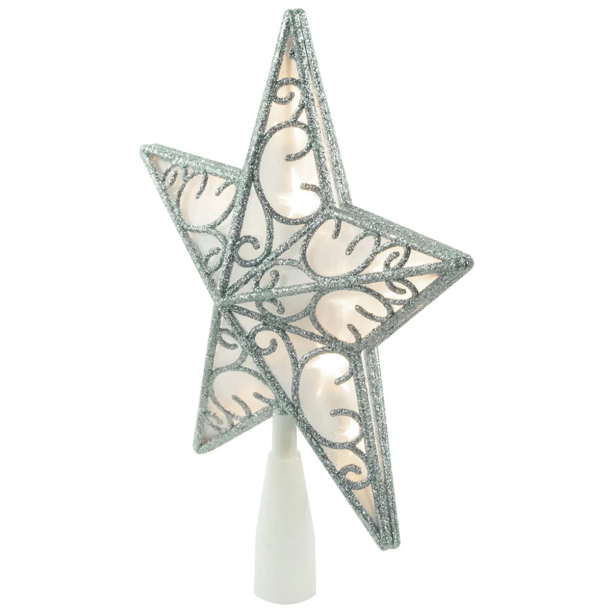 9" LED Lighted Silver Glitter Star Christmas Tree Topper, Warm White Lights