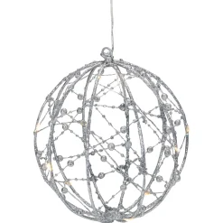 8" LED Lighted Silver Wired Christmas Hanging Ball Decoration - Warm White Lights