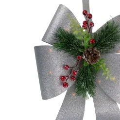 19" LED Lighted Sliver Tinsel Bow Christmas Decoration