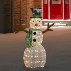 43" LED Lighted Snowman with Top Hat and Green Scarf Outdoor Christmas Decoration