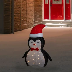 28" LED Lighted Tinsel Penguin in Santa Hat Outdoor Christmas Decoration