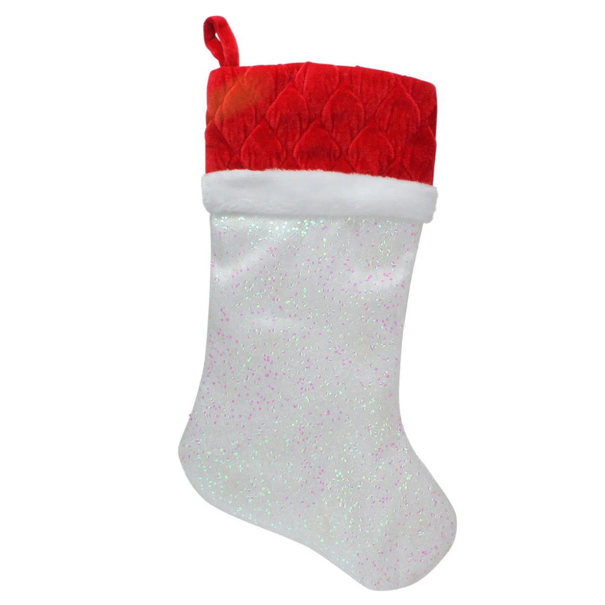 22.25" LED Lighted White Iridescent Glittered Christmas Stocking with Red Cuff