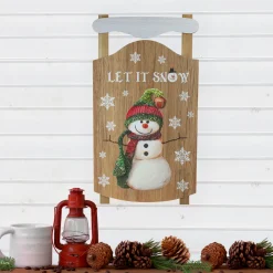 24” Let It Snow Wooden Sled Snowman and Snowflakes Wall Sign