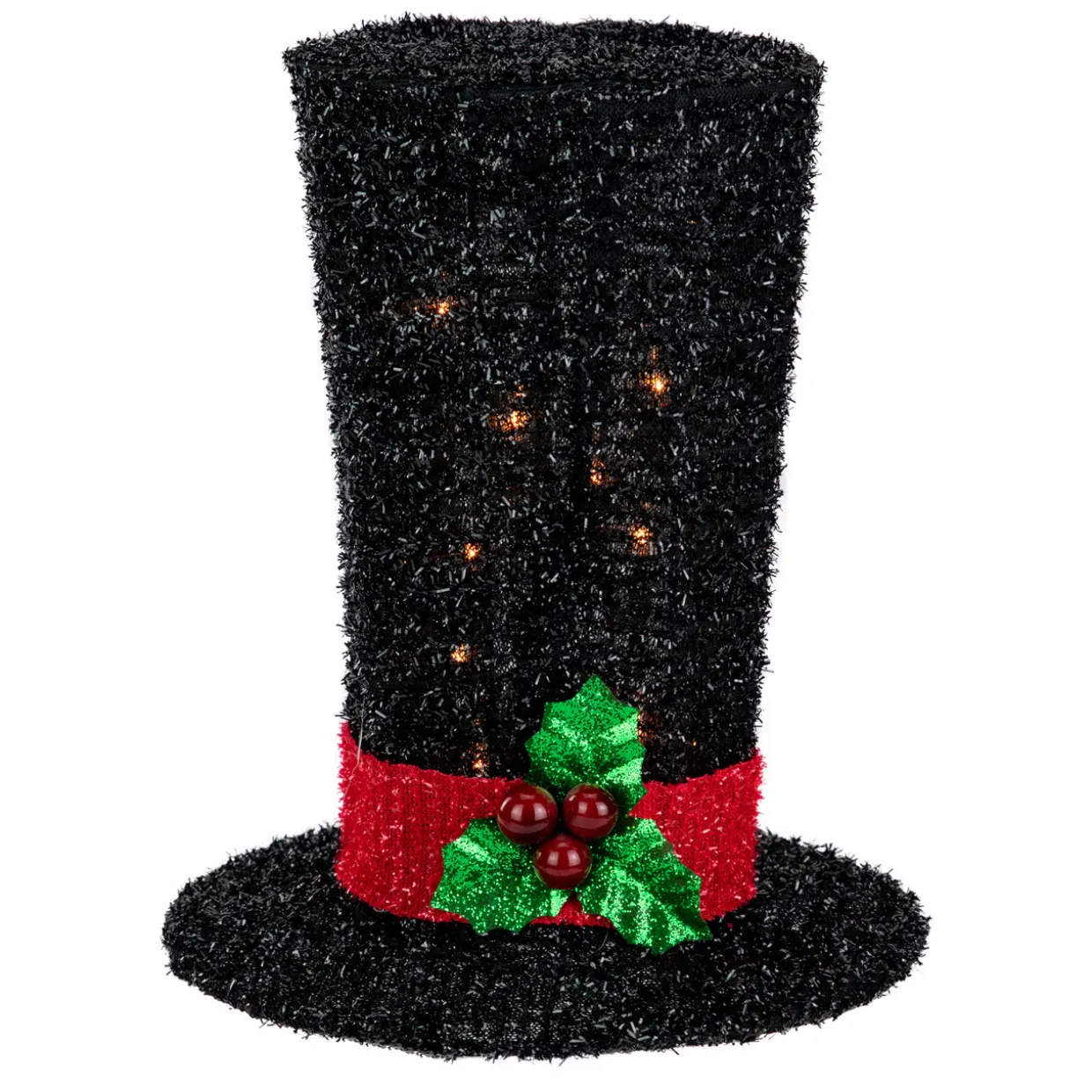 9.25" Lighted Black Tinsel Top Hat Christmas Tree Topper, Clear Lights