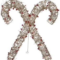 25" Lighted Champagne Gold Glittered Rattan Double Candy Cane Christmas Outdoor or Window Decoration