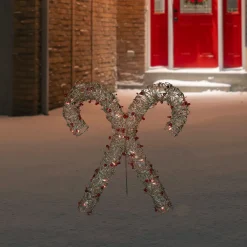 25" Lighted Champagne Gold Glittered Rattan Double Candy Cane Christmas Outdoor or Window Decoration