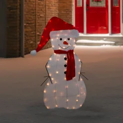 42" Lighted 2D Chenille Snowman in Santa Hat Outdoor Christmas Decoration