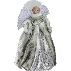 16" Lighted Fiber Optic Angel in Silver Gingham Coat Christmas Tree Topper