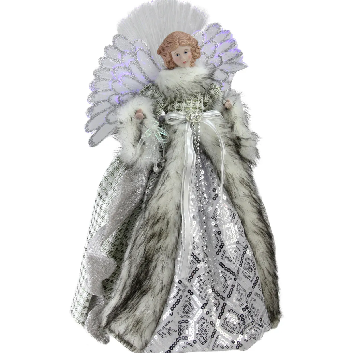 16" Lighted Fiber Optic Angel in Silver Gingham Coat Christmas Tree Topper