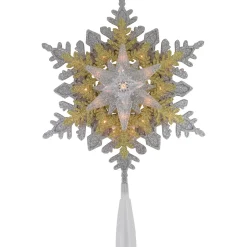 13.75" Lighted Gold and Silver Snowflake Christmas Tree Topper, Clear Lights