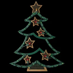 17.75" Lighted Green and Gold Christmas Tree with Stars Outdoor Window Silhouette