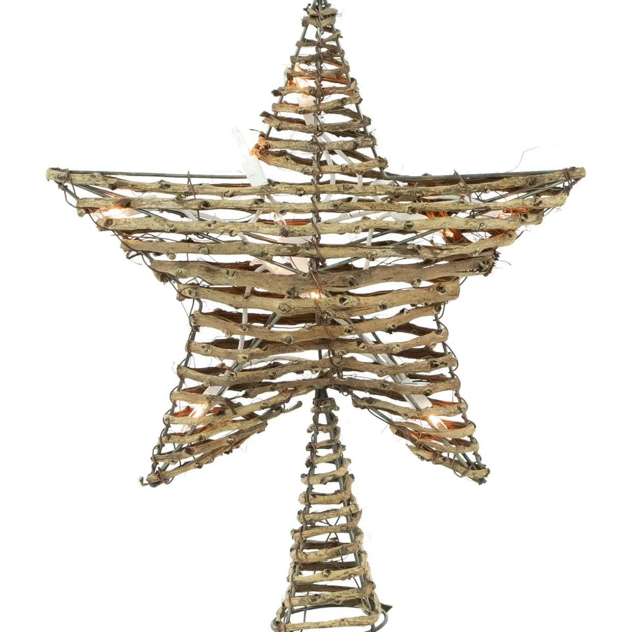 11" Lighted Rattan Twigs Star Christmas Tree Topper- Clear Lights, White Wire