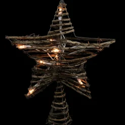 11" Lighted Rattan Twigs Star Christmas Tree Topper- Clear Lights, White Wire
