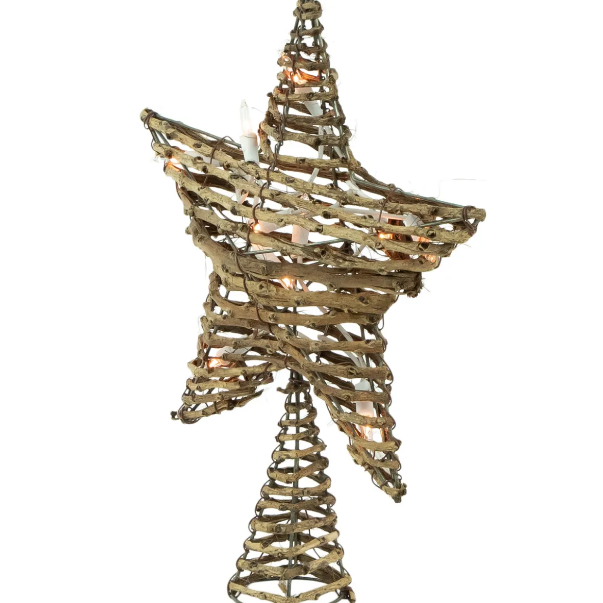 11" Lighted Rattan Twigs Star Christmas Tree Topper- Clear Lights, White Wire