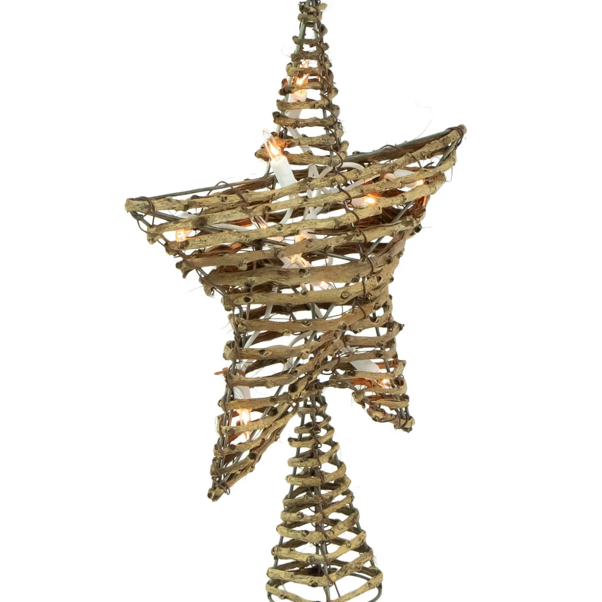 11" Lighted Rattan Twigs Star Christmas Tree Topper- Clear Lights, White Wire